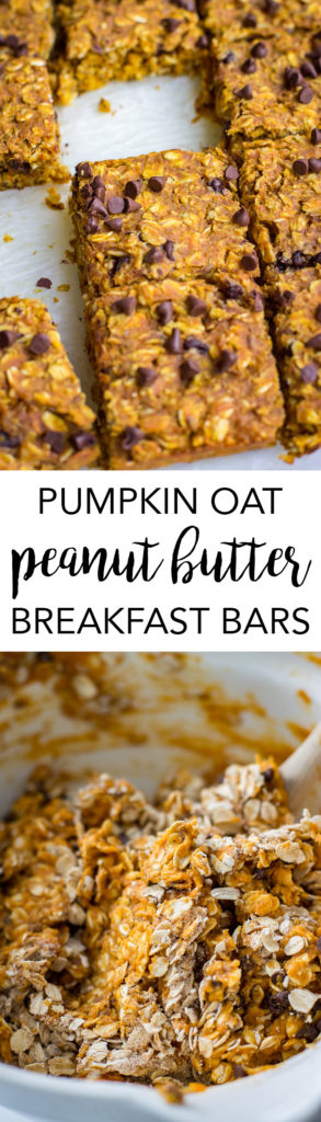 Pumpkin peanut butter oat breakfast bars are a wholesome fall treat, perfect for an on-the-go breakfast or quick healthy snack. #pumpkinrecipes #onthegobreakfast #healthysnacks