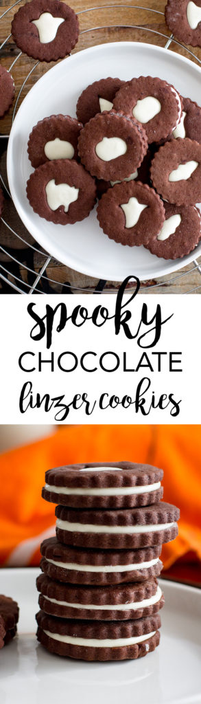 Spooky chocolate Linzer cookies | Dark chocolate sugar cookies sandwiched with an easy marshmallow cream frosting, with spooky cut-outs for a Halloween treat! #halloween #chocolatesugarcookies