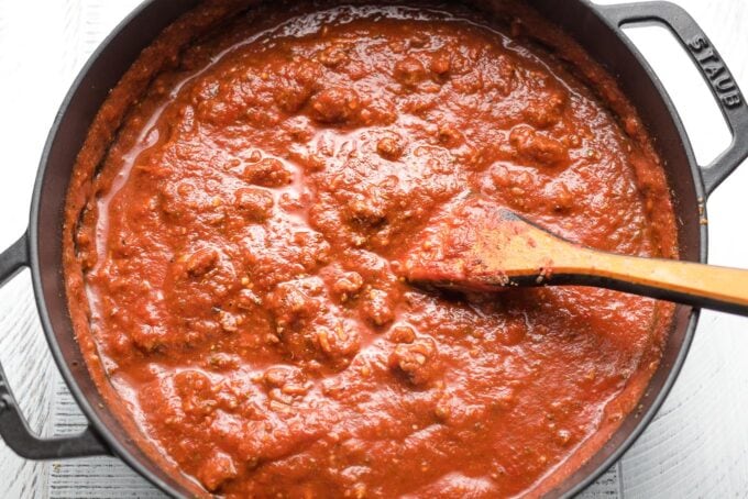 Tomatoes added to ground sirloin and simmered.