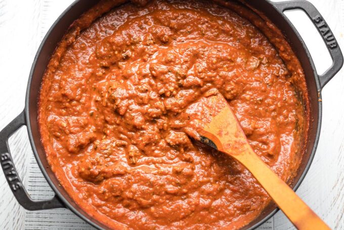 Finished bolognese sauce in a skillet.