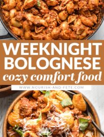 This quick and easy recipe for Weeknight Bolognese lets you enjoy a classic Italian meat sauce simplified into a 30-minute meal. It's a little bit Ina Garten, a little bit Marcella Hazan, and a whole lot of delicious.