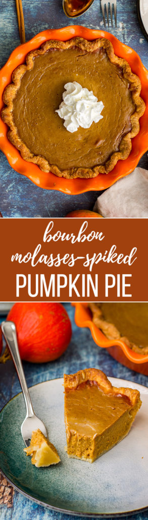 Bourbon Molasses Pumpkin Pie | Kick the classic up a notch this year with a spike of bourbon and rich, dark molasses. Made from scratch, there's nothing better! #pumpkinpie #thanksgivingrecipes #boozyrecipes