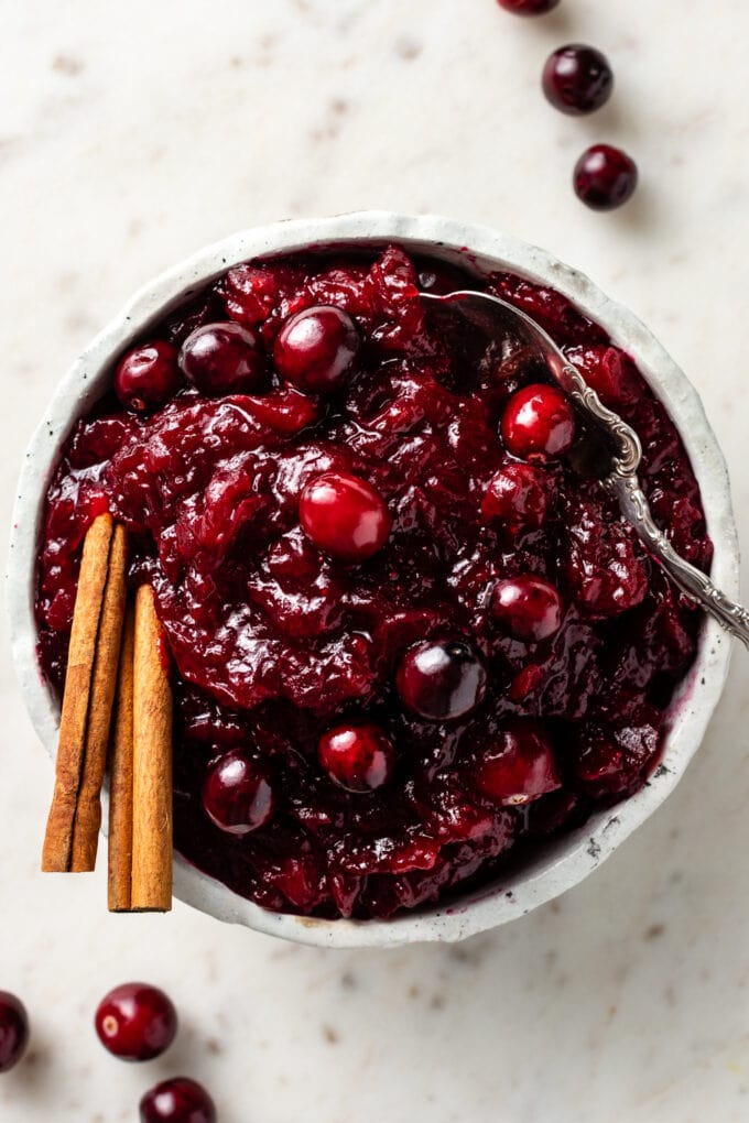 Small bowl of homemade cranberry sauce.