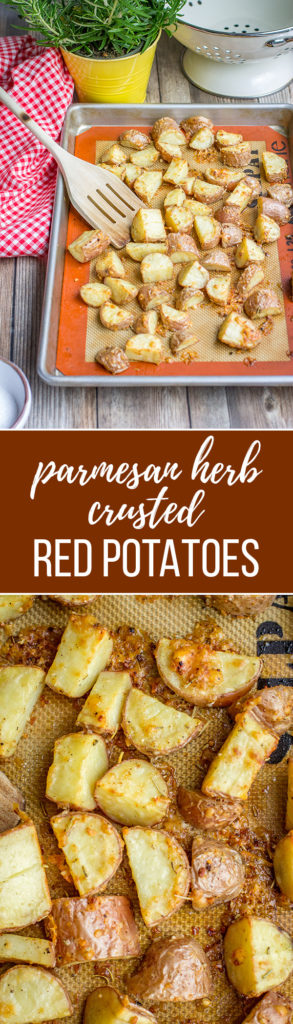 Parmesan herb crusted red potatoes | A classic side dish, packed with flavor from fresh Parmesan and pantry staple herbs. #sidedish #redpotatoes #parmesan