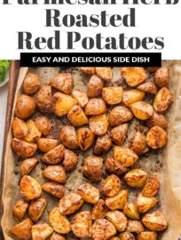These Parmesan Crusted Red Potatoes are tossed with fragrant herbs and oven-roasted for a simple, versatile, and irresistible side dish. High heat gives these humble potatoes a deliciously crispy texture that will have you sneaking bites straight off the pan!