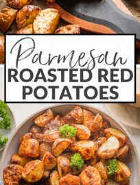 These Parmesan Crusted Red Potatoes are tossed with fragrant herbs and oven-roasted for a simple, versatile, and irresistible side dish. High heat gives these humble potatoes a deliciously crispy texture that will have you sneaking bites straight off the pan!
