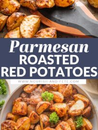 These Parmesan Crusted Red Potatoes are tossed with fragrant herbs and oven-roasted for a simple, versatile, and irresistible side dish. High heat gives these humble potatoes a deliciously crispy texture that will have you sneaking bites straight off the pan!