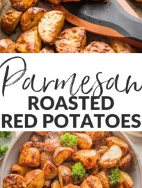 These Parmesan Crusted Red Potatoes are tossed with fragrant herbs and oven-roasted for a simple, versatile, and irresistible side dish. High heat gives these humble potatoes a deliciously crispy texture that will have you sneaking bites straight off the pan!