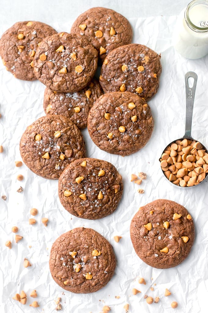 A scattered arrangement of toffee butterscotch brownie cookies.