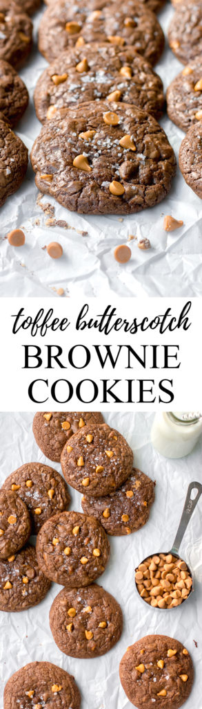 Toffee butterscotch brownie cookies | Thick, chewy, fudgy, and irresistible! Mixed by hand in one-bowl! #cookies #browniecookies #holidaybaking #onebowlbaking