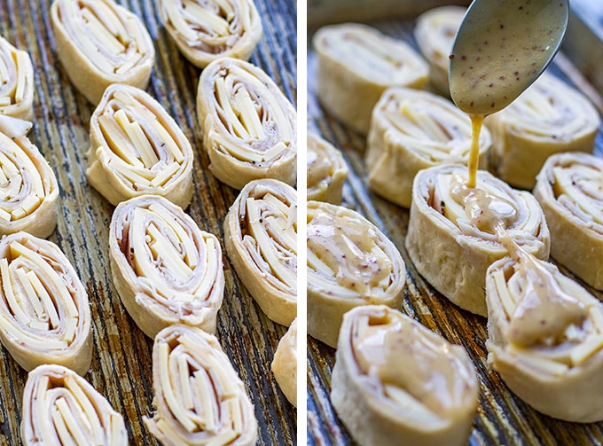 The process of making turkey gouda party rolls and pouring over the honey mustard glaze.