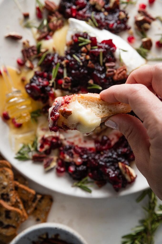 Close up of a baguette slice swirled in a mixture of baked brie and cranberry-pomegranate sauce topped with rosemary and pecans.