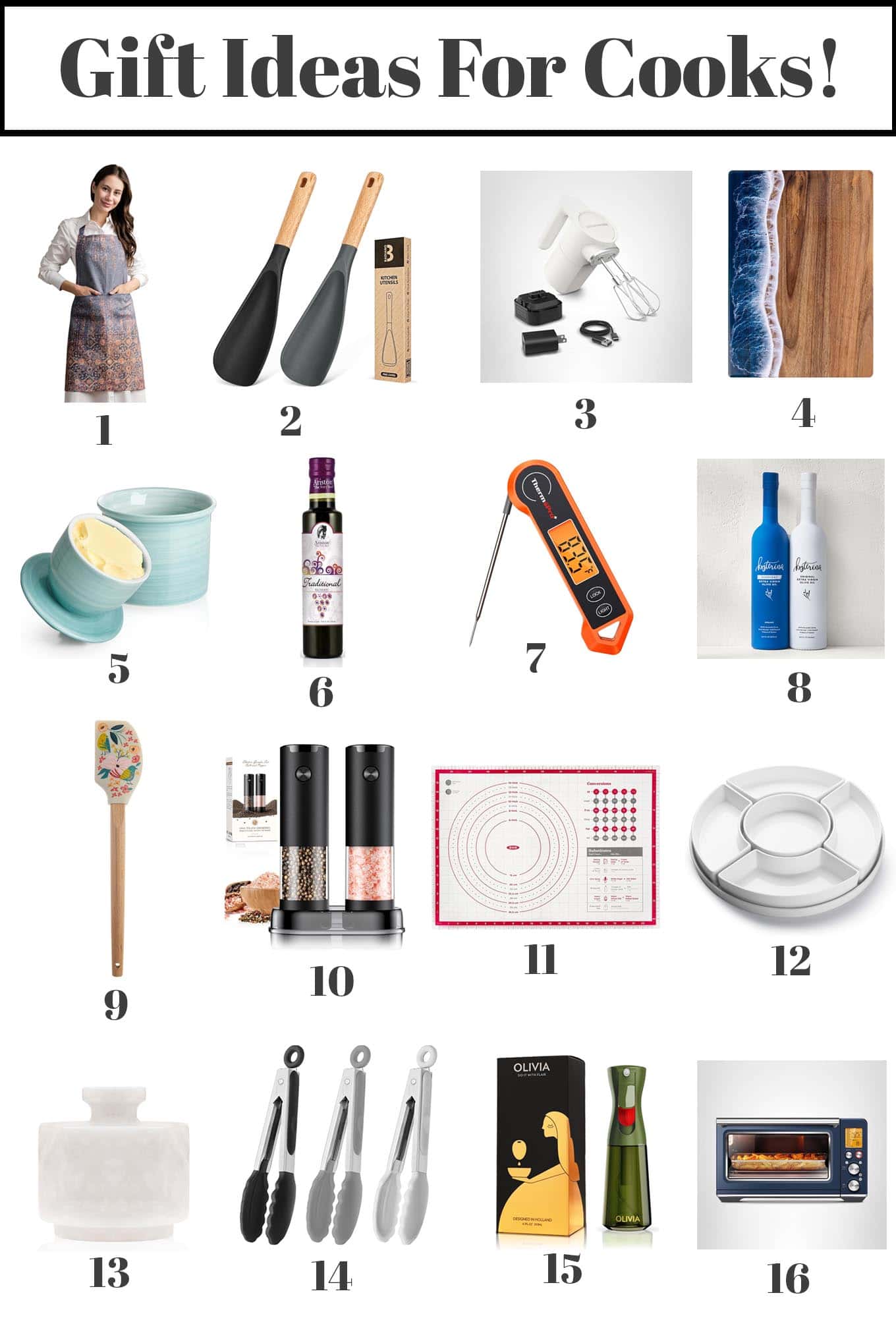 Composite image with gift ideas for people who like to cook.