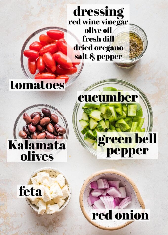 Labeled photo of cherry tomatoes, sliced cucumber, chopped green bell pepper, Kalamata olives, red onion, feta cheese, and a homemade Greek salad dressing in prep bowls and jars.