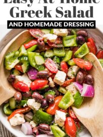 A traditional Greek salad is so delicious, healthy, and easy to make at home! This recipe includes a simple yet divine homemade dressing. It's light, fresh, and incredibly flavorful, thanks to the tang of red wine vinegar and zip of fresh dill.