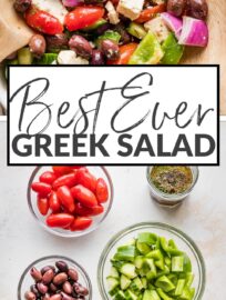 A traditional Greek salad is so delicious, healthy, and easy to make at home! This recipe includes a simple yet divine homemade dressing. It's light, fresh, and incredibly flavorful, thanks to the tang of red wine vinegar and zip of fresh dill.