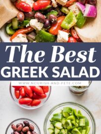 A traditional Greek salad is so delicious, healthy, and easy to make at home! This recipe includes a simple yet divine homemade dressing. It's light, fresh, and incredibly flavorful, thanks to the tang of red wine vinegar and zip of fresh dill.