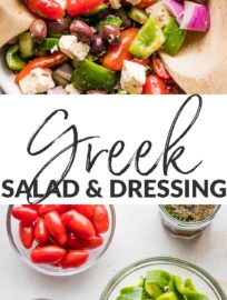 A traditional Greek salad is so delicious, healthy, and easy to make at home! This recipe includes a simple yet divine homemade dressing. It's light, fresh, and incredibly flavorful, thanks to the tang of red wine vinegar and zip of fresh dill.