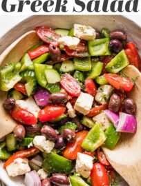 A traditional Greek salad is so delicious, healthy, and easy to make at home! This recipe includes a simple yet divine homemade dressing. It's light, fresh, and incredibly flavorful, thanks to the tang of red wine vinegar and zip of fresh dill.