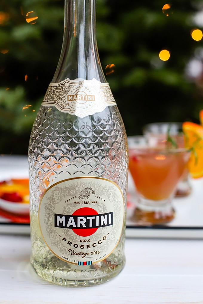 A bottle of Martini Rossi dry Prosecco.