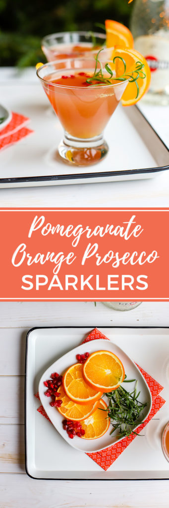 Say cheers with this sparkling orange pomegranate Prosecco cocktail, easy to make, light enough for brunch, fancy enough for a midnight toast! #prosecco #brunchcocktails #pomegranate