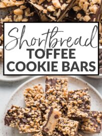 Chocolate Shortbread Toffee Cookie Bars are easy to make and easier to eat! The layered effect -- chocolate chip-studded shortbread with a chocolate coating and generous sprinkle of toffee bits dotting the top -- feels a little fancy but is super quick and easy to achieve.