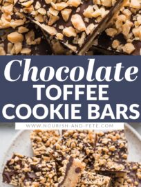 Chocolate Shortbread Toffee Cookie Bars are easy to make and easier to eat! The layered effect -- chocolate chip-studded shortbread with a chocolate coating and generous sprinkle of toffee bits dotting the top -- feels a little fancy but is super quick and easy to achieve.