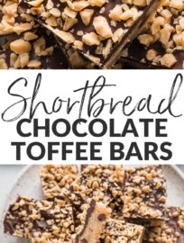 Chocolate Shortbread Toffee Cookie Bars are easy to make and easier to eat! The layered effect -- chocolate chip-studded shortbread with a chocolate coating and generous sprinkle of toffee bits dotting the top -- feels a little fancy but is super quick and easy to achieve.