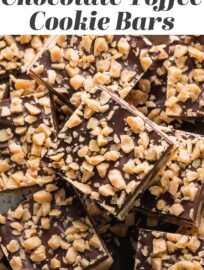 Chocolate Shortbread Toffee Cookie Bars are easy to make and easier to eat! The layered effect -- chocolate chip-studded shortbread with a chocolate coating and generous sprinkle of toffee bits dotting the top -- feels a little fancy but is super quick and easy to achieve.