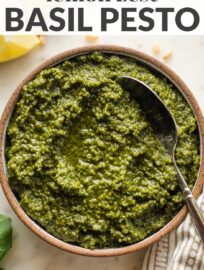 Make a classic even better: this fresh Basil Pesto with Lemon Zest has all the sweet, earthy notes of traditional pesto plus the subtlest hint of citrus for lasting zip. Make it in your food processor for speed's sake, or break out a mortar and pestle for a labor of love. Either way, this is the perfect staple to mix in with pasta, spread on grilled proteins, slip into soups, or serve with appetizers and more.
