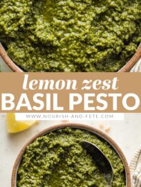 Make a classic even better: this fresh Basil Pesto with Lemon Zest has all the sweet, earthy notes of traditional pesto plus the subtlest hint of citrus for lasting zip. Make it in your food processor for speed's sake, or break out a mortar and pestle for a labor of love. Either way, this is the perfect staple to mix in with pasta, spread on grilled proteins, slip into soups, or serve with appetizers and more.