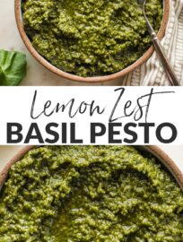 Make a classic even better: this fresh Basil Pesto with Lemon Zest has all the sweet, earthy notes of traditional pesto plus the subtlest hint of citrus for lasting zip. Make it in your food processor for speed's sake, or break out a mortar and pestle for a labor of love. Either way, this is the perfect staple to mix in with pasta, spread on grilled proteins, slip into soups, or serve with appetizers and more.