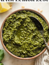 Make a classic even better: this fresh Basil Pesto with Lemon Zest has all the sweet, earthy notes of traditional pesto plus the subtlest hint of citrus for lasting zip. Make it in your food processor for speed's sake, or break out a mortar and pestle for a labor of love. Either way, this is the perfect staple to mix in with pasta, spread on grilled proteins, slip into soups, or serve with appetizers and more.