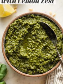 Make a classic even better: this fresh Basil Pesto with Lemon Zest has all the sweet, earthy notes of traditional pesto plus the subtlest hint of citrus for lasting zip. Make it in your food processor for speed's sake, or break out a mortar and pestle for a labor of love. Either way, this is the perfect staple to mix in with pasta, spread on grilled proteins, slip into soups, or serve with appetizers and more.