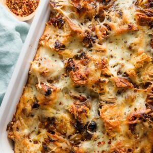 Close up of a just-baked breakfast strata pulled out of the oven.