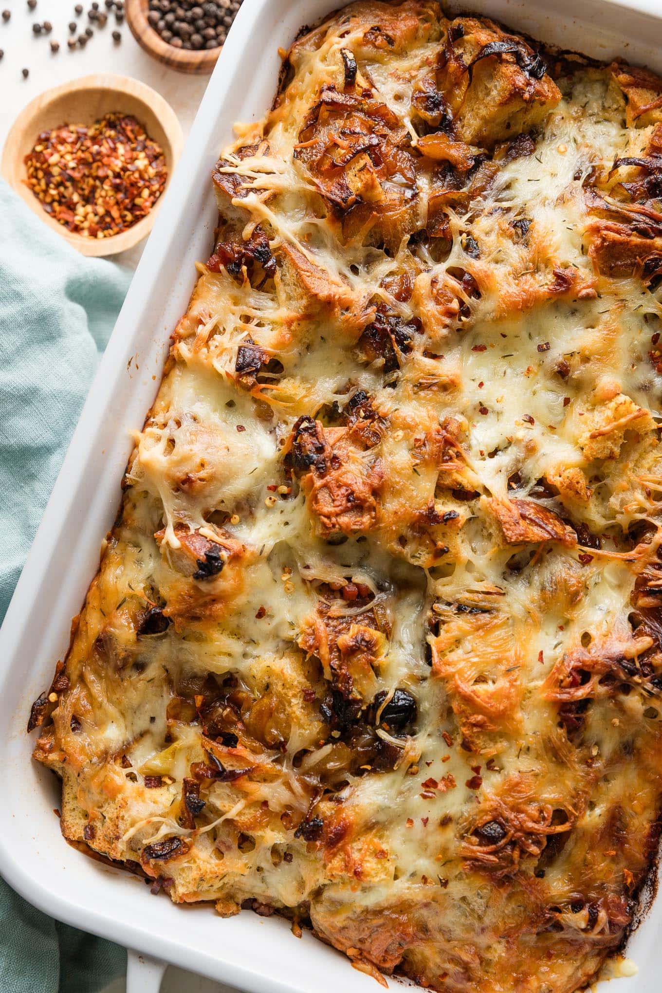 Close up of a just-baked breakfast strata pulled out of the oven.