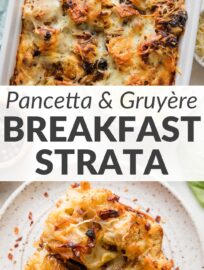 Count on this breakfast strata any time you need to feed a crowd before noon. The elevated egg casserole combines toasty bread, sautéed pancetta, richly caramelized aromatics, and a top layer of tangy Gruyère. It's designed to prep at night and bake in the morning, and it makes a lot of food—truly the stuff of holiday or grand brunch dreams.