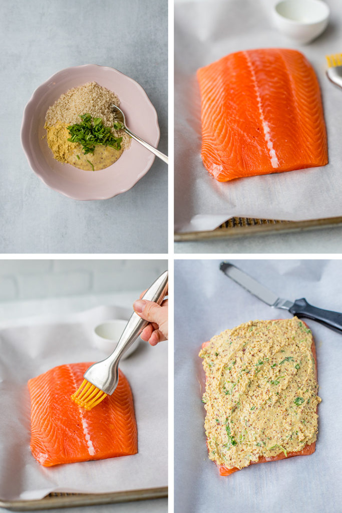 Illustrated steps to making mustard-crusted panko salmon.