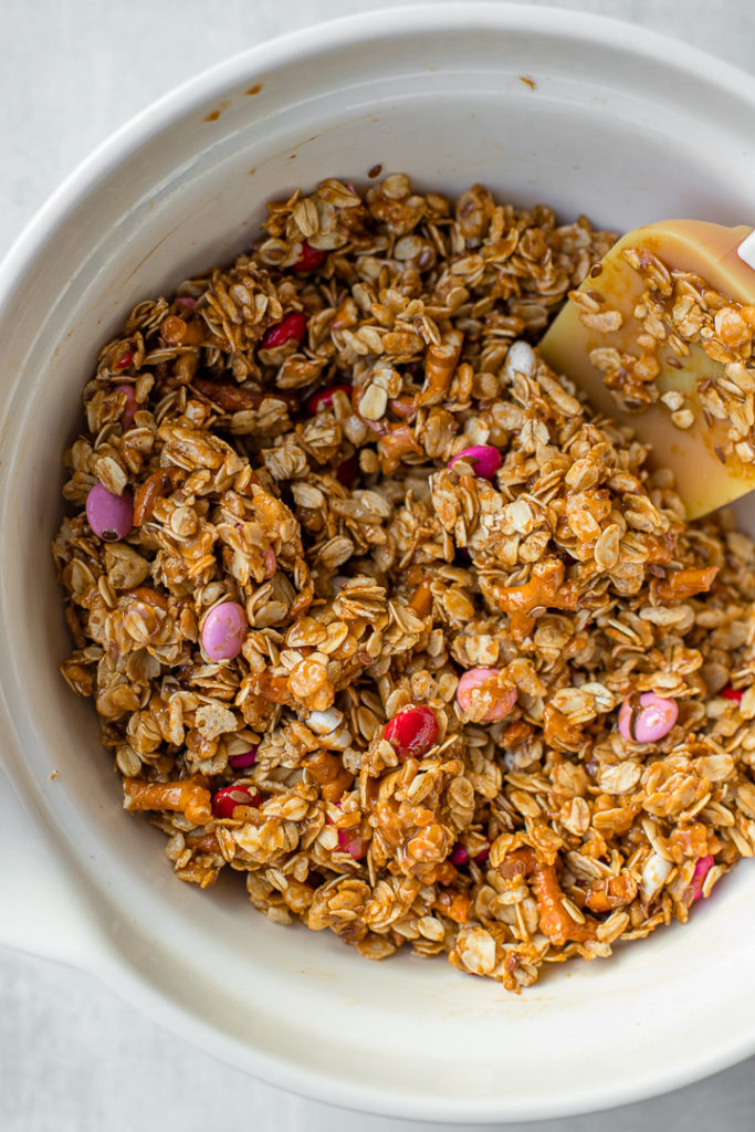 Granola bar mix all combined and ready to be pressed into the pan.