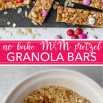 No-bake M&M pretzel granola bars are a delicious, simple snack. Ready in about 15 minutes, endlessly adaptable, and a great way to involve young kids in the kitchen! #nobake #granolabars #m&mrecipes