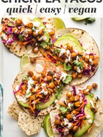 Chickpea tacos are easy, healthy, and delicious - and ready in 30 minutes! Quick crisped and seasoned chickpeas are topped with a vibrant, crunchy slaw and creamy chipotle sauce for a vegetarian taco everyone enjoys.