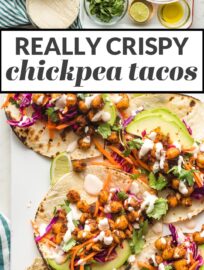 Chickpea tacos are easy, healthy, and delicious - and ready in 30 minutes! Quick crisped and seasoned chickpeas are topped with a vibrant, crunchy slaw and creamy chipotle sauce for a vegetarian taco everyone enjoys.