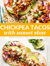 Chickpea tacos are easy, healthy, and delicious - and ready in 30 minutes! Quick crisped and seasoned chickpeas are topped with a vibrant, crunchy slaw and creamy chipotle sauce for a vegetarian taco everyone enjoys.
