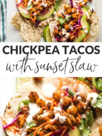 Chickpea tacos are easy, healthy, and delicious - and ready in 30 minutes! Quick crisped and seasoned chickpeas are topped with a vibrant, crunchy slaw and creamy chipotle sauce for a vegetarian taco everyone enjoys.