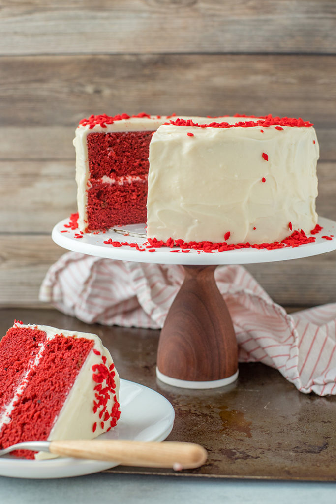 A casual, homemade one-bowl red velvet layer cake with cream cheese frosting.