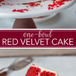 Making a delicious cake from scratch is easy with this one-bowl red velvet layer cake. Moist cake, a beautiful vibrant color, and the best sweet cream cheese frosting. #redvelvet #onebowl #layercakes