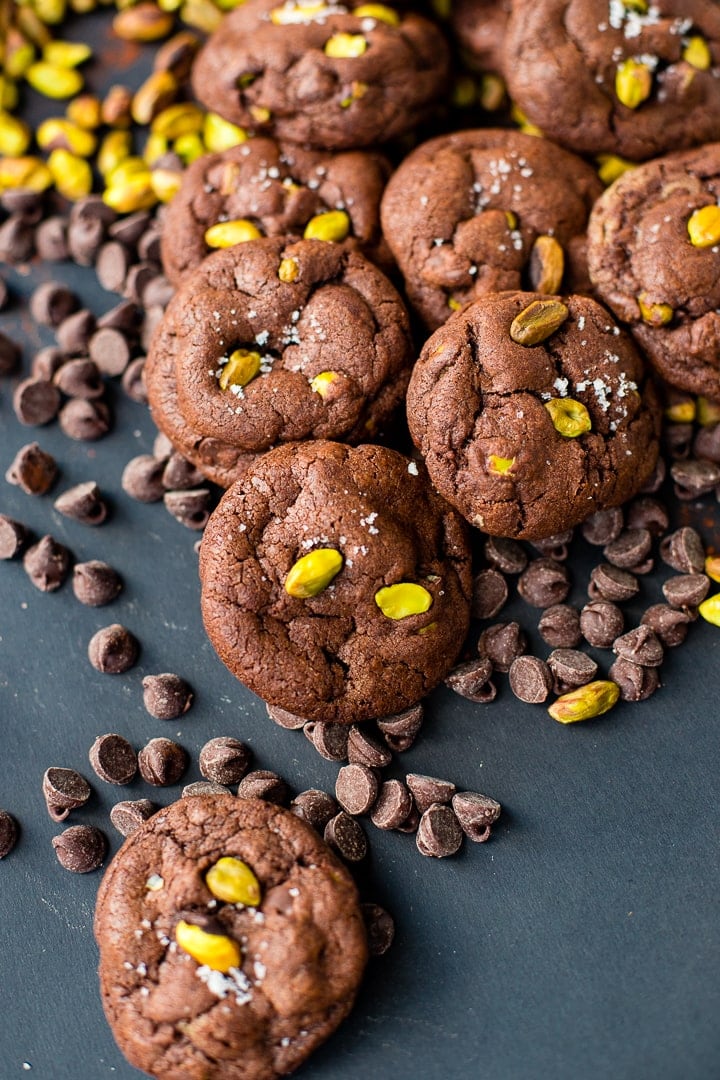 A pile of sea salt pistachio chocolate chip cookies.