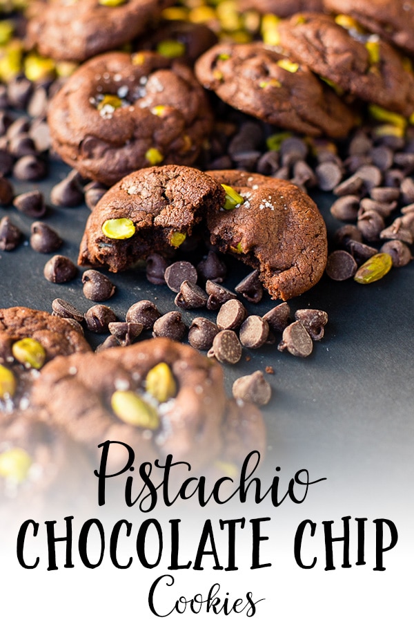 Thick, chewy pistachio chocolate chip cookies with a sprinkling of sea salt are a pistachio lover's dream. Easy to make - no chilling, no waiting! #cookies #chocolatechip #pistachios