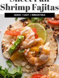 Sheet Pan Shrimp Fajitas make a seriously simple and tasty weeknight dinner! Tender shrimp, peppers, and onions are seasoned with a chipotle lime blend then roasted together, leaving you minimal prep work and clean-up. Add some warm tortillas, guacamole, and chipotle crema to send this meal over the top.