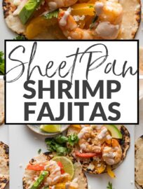 Sheet Pan Shrimp Fajitas make a seriously simple and tasty weeknight dinner! Tender shrimp, peppers, and onions are seasoned with a chipotle lime blend then roasted together, leaving you minimal prep work and clean-up. Add some warm tortillas, guacamole, and chipotle crema to send this meal over the top.